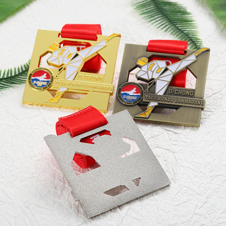 Taekwondo Medal Set: Gold, Silver, and Bronze Enameled Metal Commemorative Medals; Taekwondo HANMADANG Competition Ornament