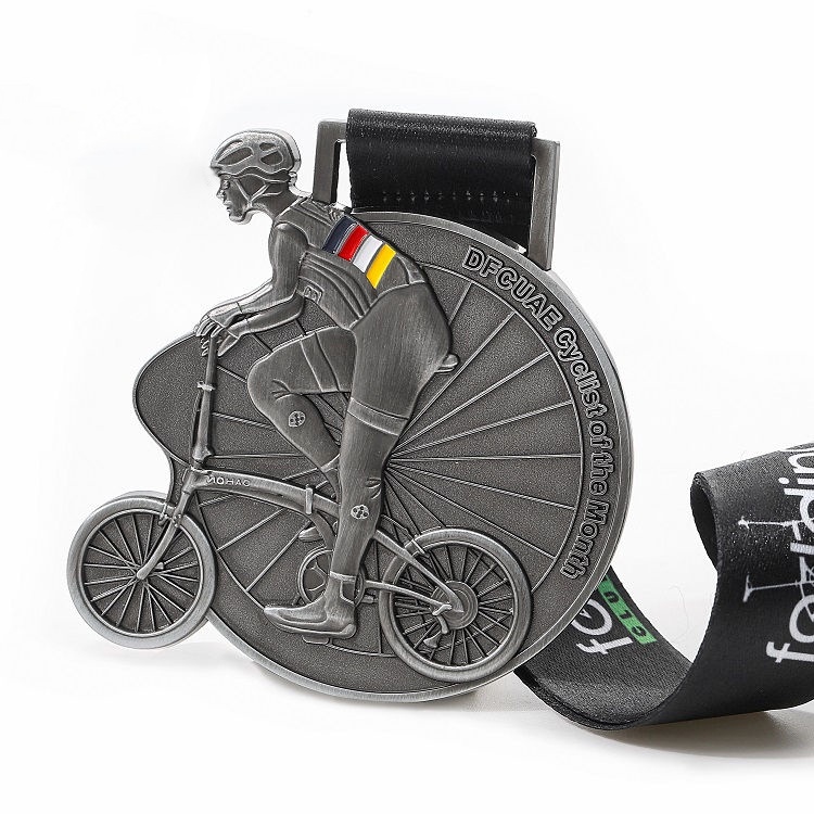 Antique silver 3D men's bicycle medal, custom metal medal, enamel bicycle medal