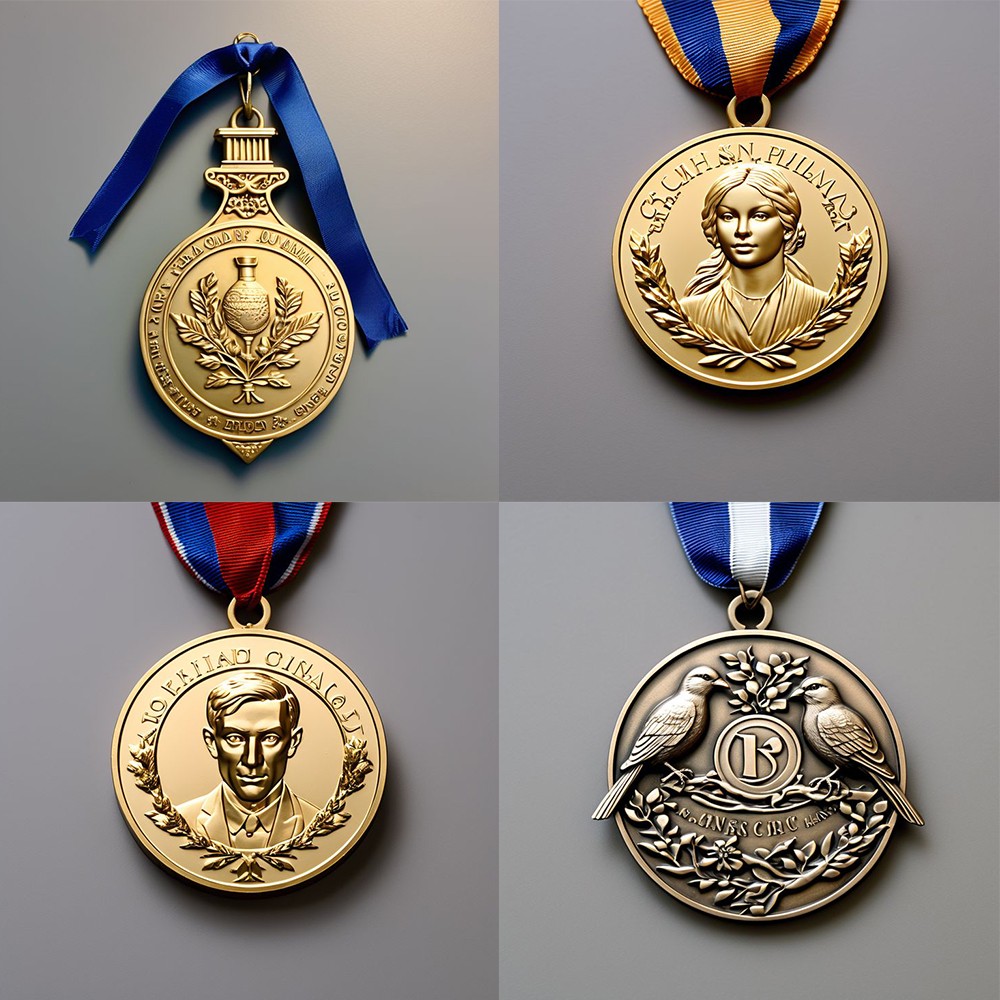 Gold-plated classic vase relief medal; blue satin ribbon vintage-style commemorative badge