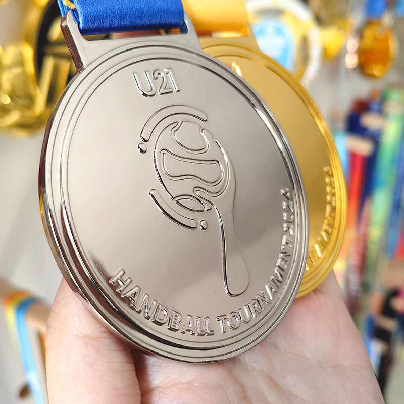 Handball Championship Gold and Silver Medals; 3D Relief Handball-Shaped Tournament Champion Medals