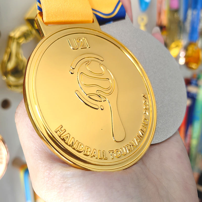 Handball Championship Gold and Silver Medals; 3D Relief Handball-Shaped Tournament Champion Medals