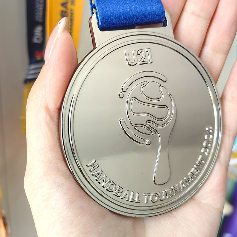 Handball Championship Gold and Silver Medals; 3D Relief Handball-Shaped Tournament Champion Medals