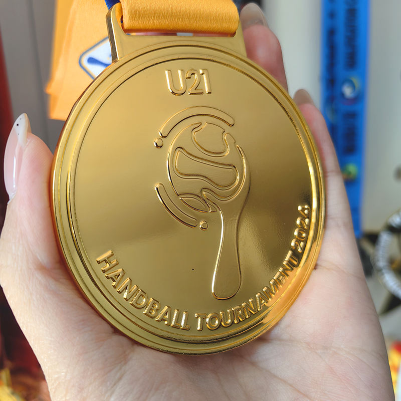 Handball Championship Gold and Silver Medals; 3D Relief Handball-Shaped Tournament Champion Medals