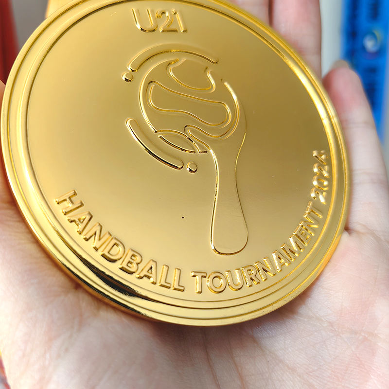 Handball Championship Gold and Silver Medals; 3D Relief Handball-Shaped Tournament Champion Medals