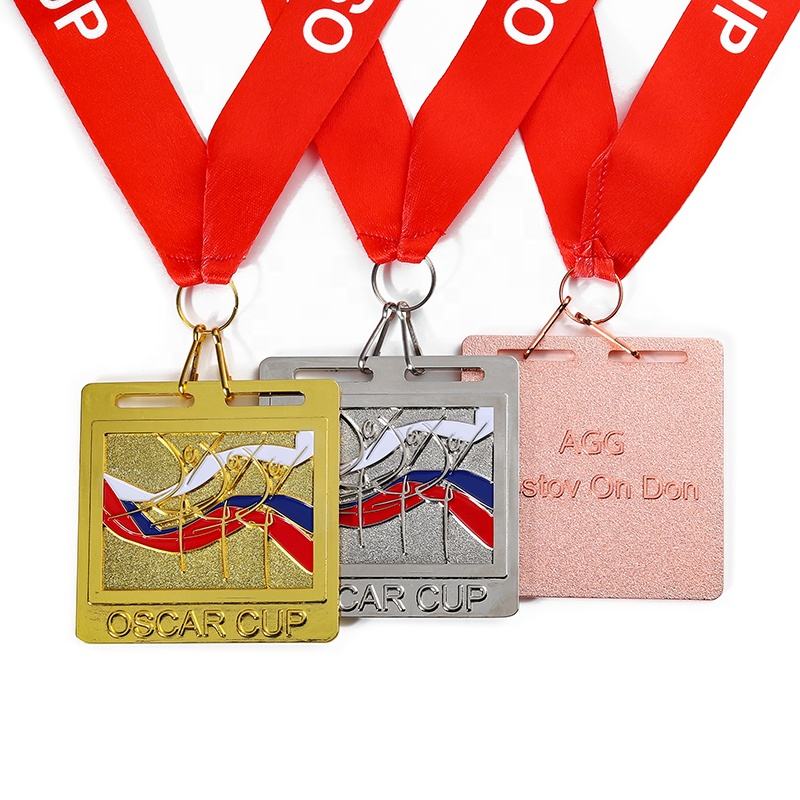 Customized dance sports medals in gold, silver, bronze, and enamel.