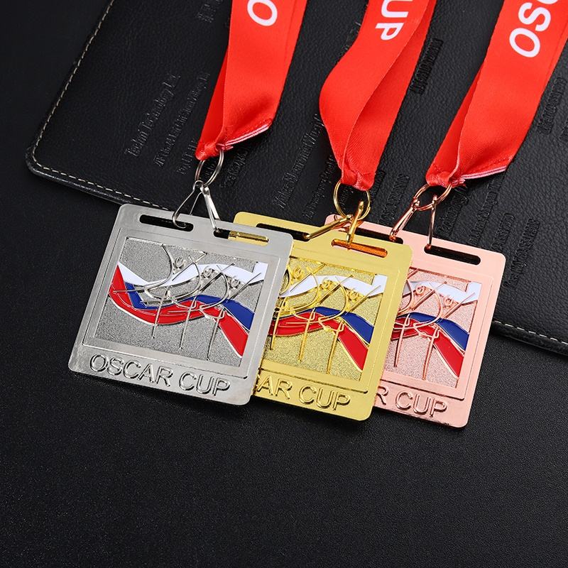 Customized dance sports medals in gold, silver, bronze, and enamel.