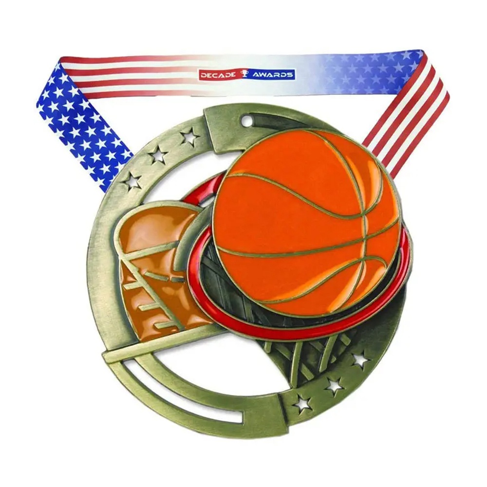 Basketball hoop-shaped gold, silver, and bronze medals; three-dimensional hollowed-out basketball tournament honor medals.