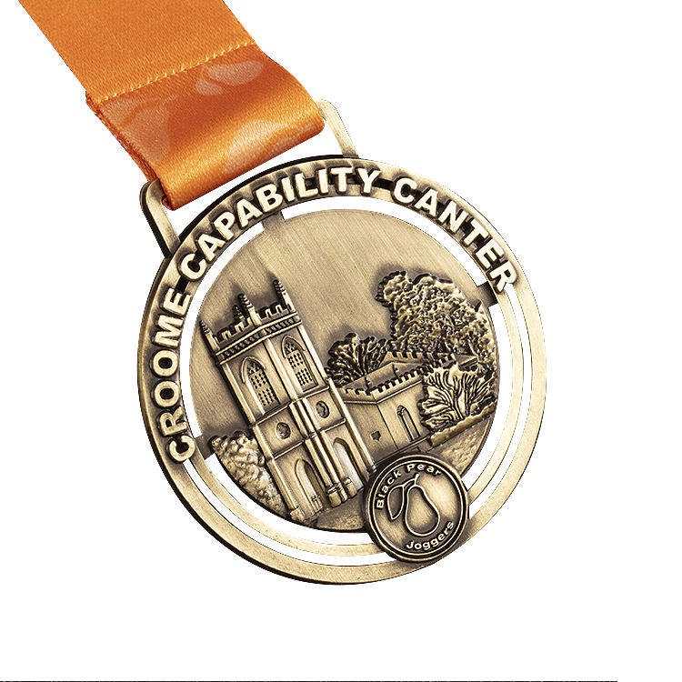 Club race medals; bronze castle landscape relief finisher medals.