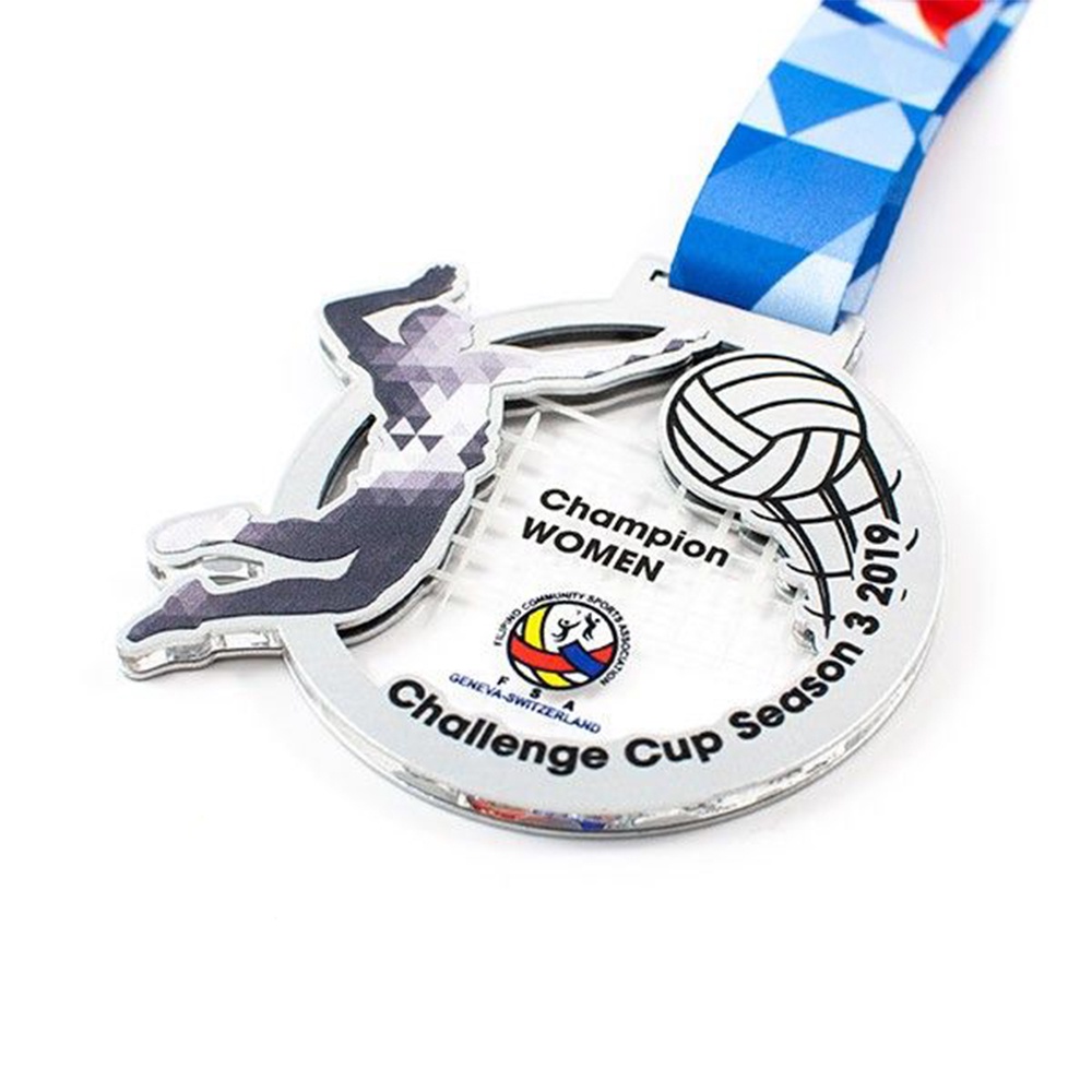 Volleyball tournament hollowed-out medals, silhouette spike design, orange and gold enamel commemorative badges