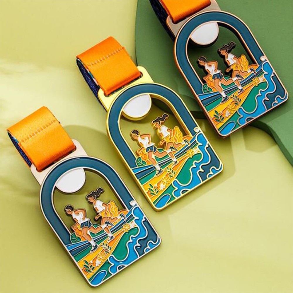 Marathon medal, silver background with color-printed running silhouette and city relief commemorative badge