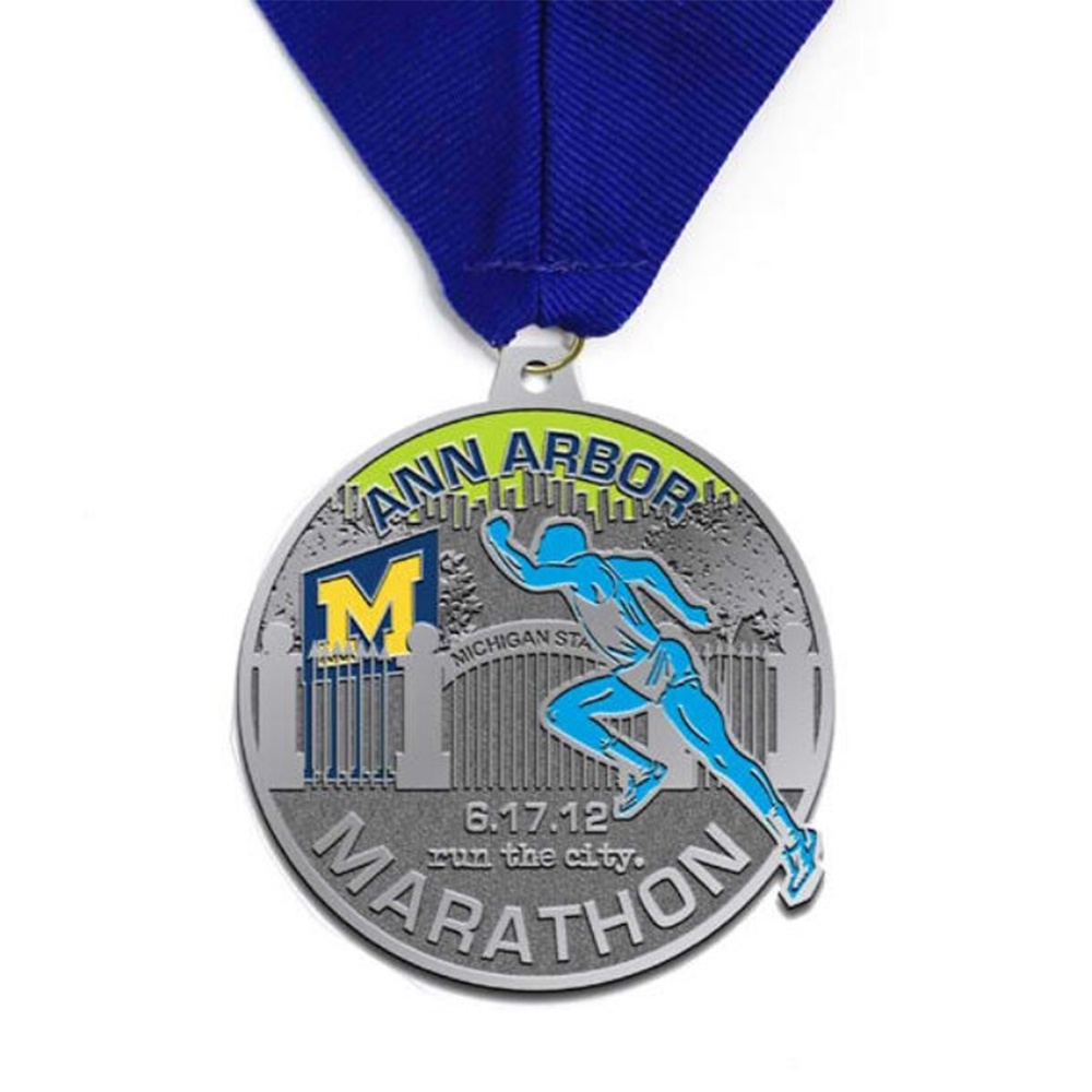 Marathon medal, silver background with color-printed running silhouette and city relief commemorative badge