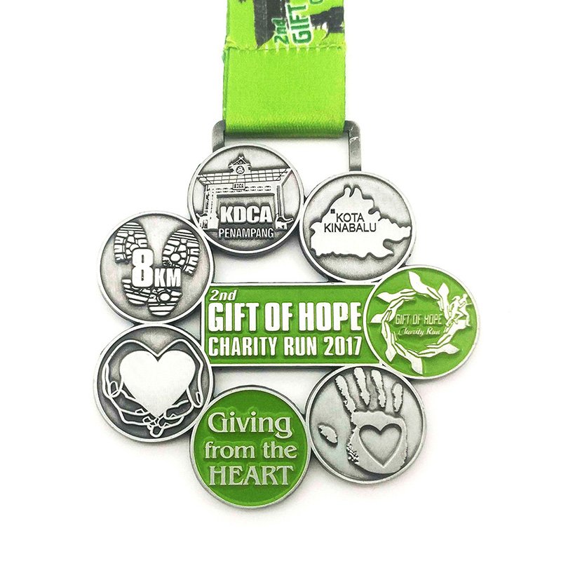 Charity Run Medal - Antique Silver Green Enamel Multi-Circle Commemorative Badge