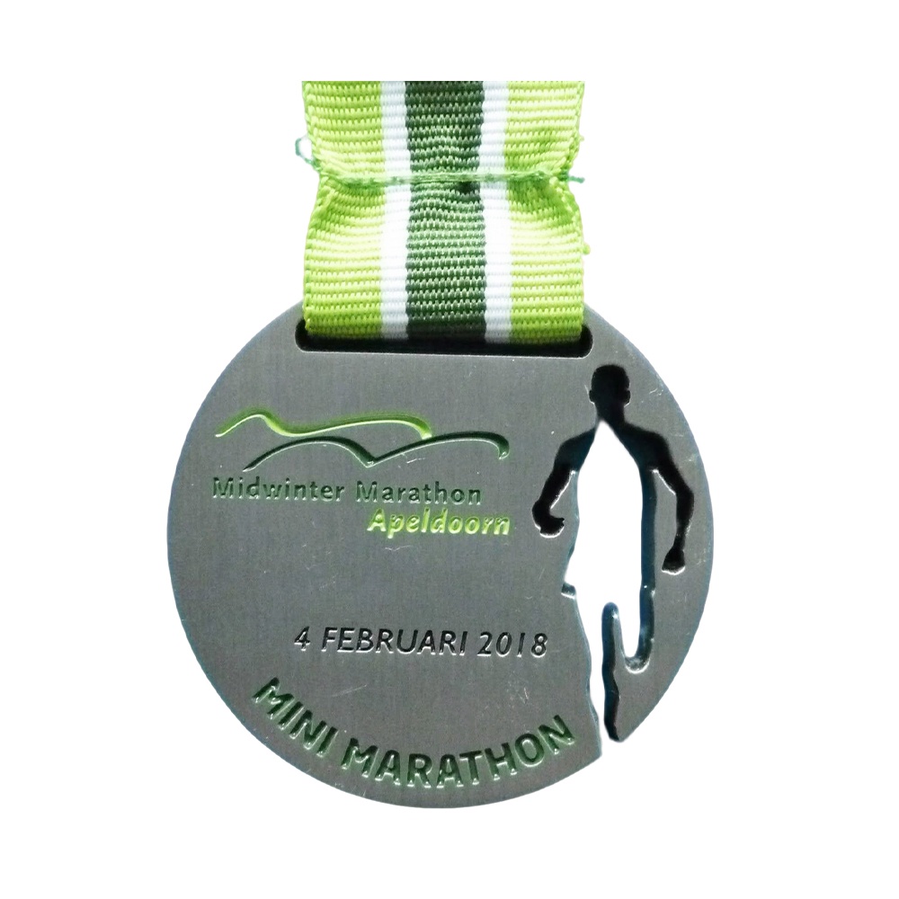 Multi-colored running race medals; black and red ink-splatter style hollowed-out overlapping design finisher medals
