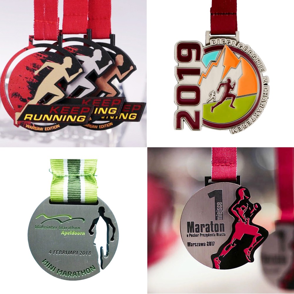 Multi-colored running race medals; black and red ink-splatter style hollowed-out overlapping design finisher medals