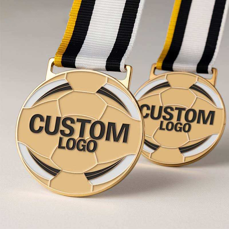 Gold football match medal; Black and white enamel football-shaped metal medal of honor.