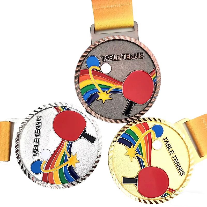 Gold, silver, and bronze tricolor table tennis tournament medals; Rainbow racket enamel commemorative medals.