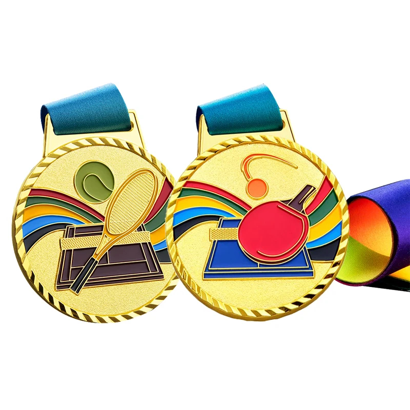 Gold, silver, and bronze tricolor table tennis tournament medals; Rainbow racket enamel commemorative medals.