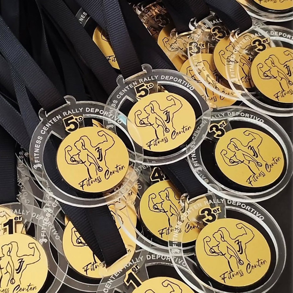 Powerlifting Barbell Hollow-out Medal, Gold Acrylic Barbell-Shaped Competition Commemorative Badge