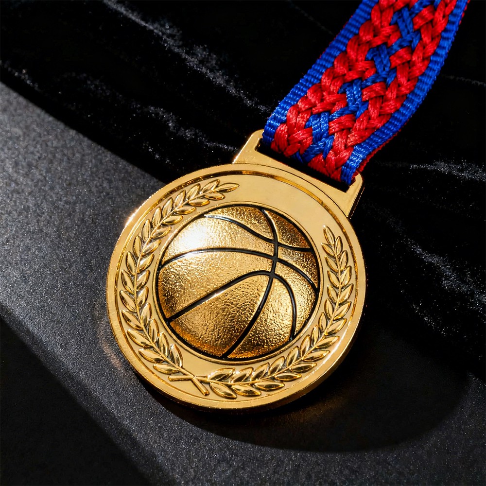 Customized basketball league medals, shield-shaped metal plaques.