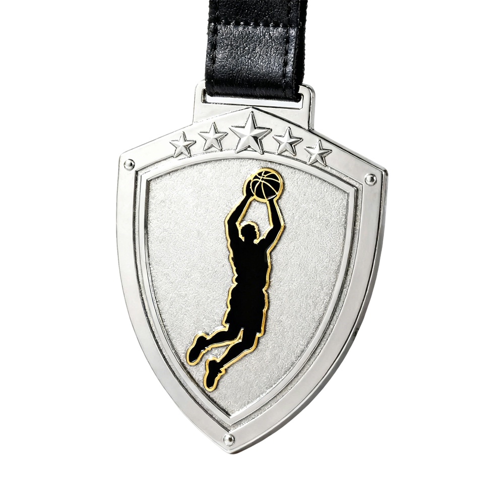 Customized basketball league medals, shield-shaped metal plaques.