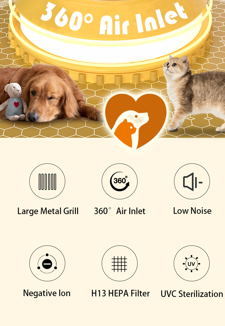 HEPA H13 Pet Air Purifier for Hair & Odor - Ultra Quiet 40dB UV Sanitizer 15㎡ Coverage floating hair absoption