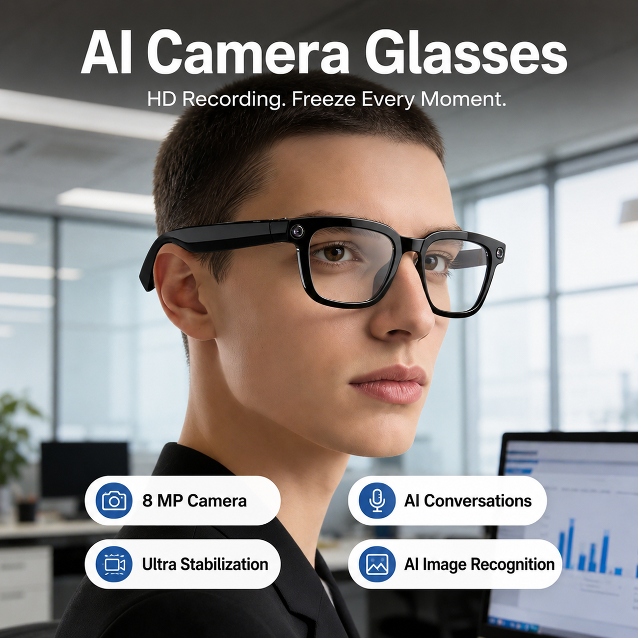 V03 Pro Smart Camera Glasses | Smart Eyewear with 8MP Ultra HD Camera, Type-C Charging, AI Translation & Image Recognition