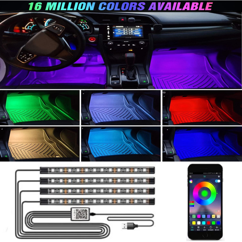 Cross-border exclusive APP car fantasy color foot well atmosphere light USB one to four foot bottom lights voice-controlled rhythm atmosphere light Cross-border exclusive APP car fantasy color foot well atmosphere light USB one to four foot bottom lights voice-controlled rhythm atmosphere light