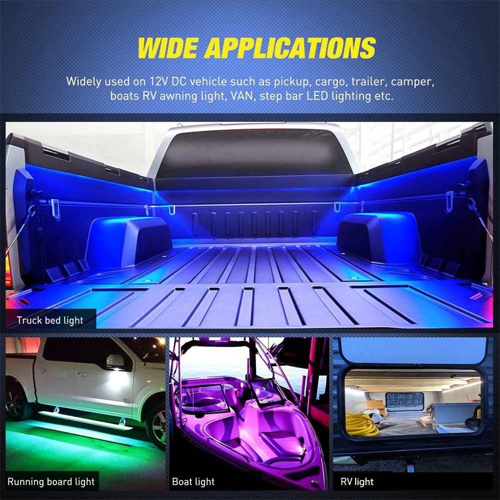 RGB pickup truck compartment light bar, trunk lighting strip, car atmosphere light, switch control, one-to-three pedal lights