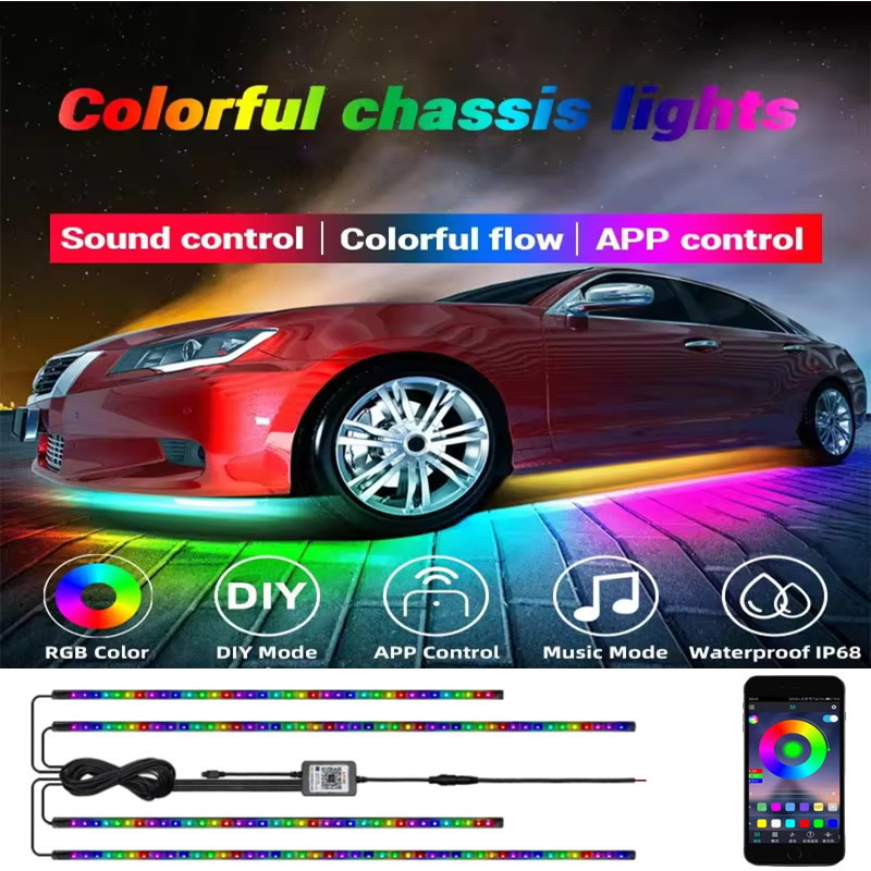 Car fantasy chassis light atmosphere light one drag four app control colorful streamer car bottom decorative light modified waterproof