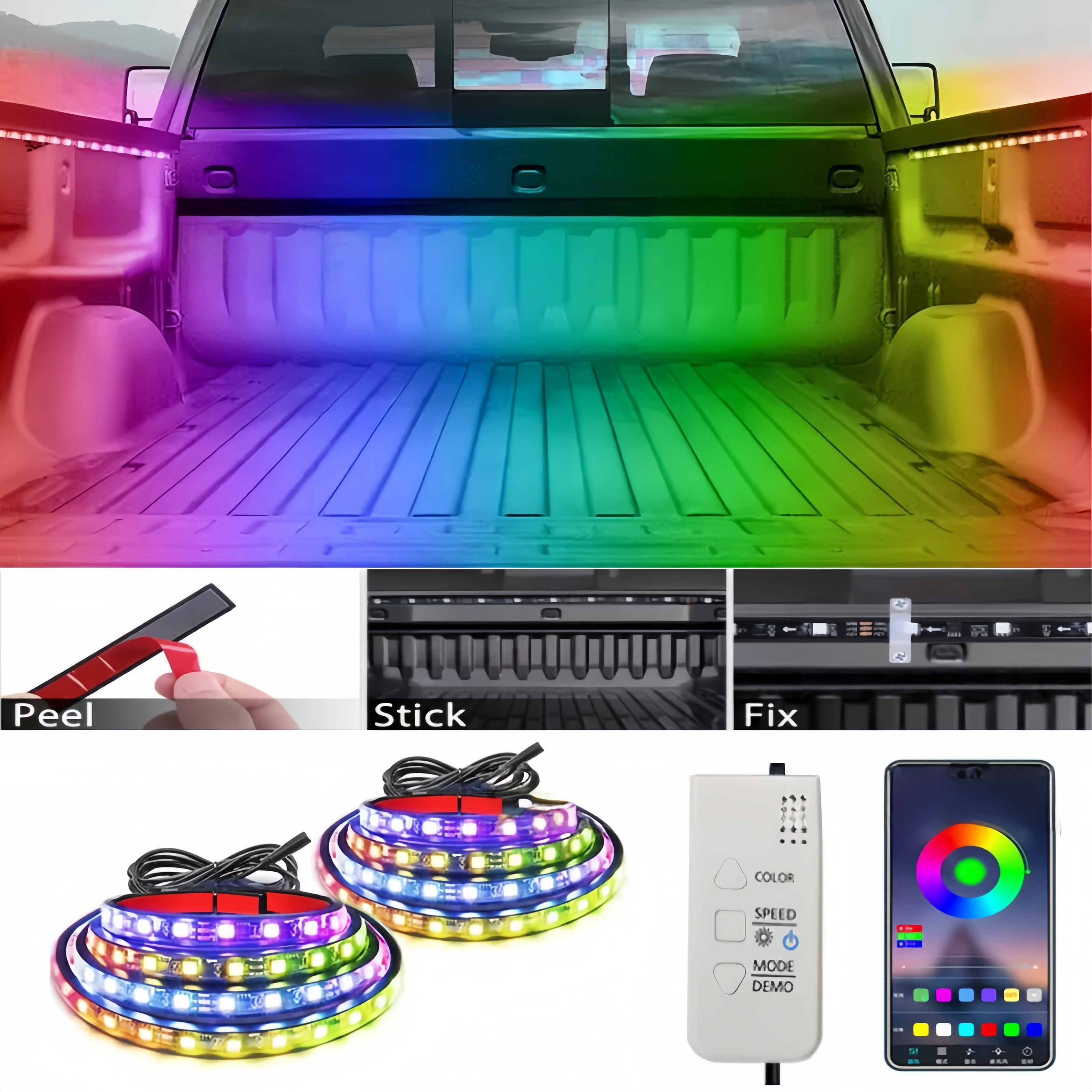 Source factory RGB pickup truck trunk lighting atmosphere light fantasy color one to two side pedal compartment light strip