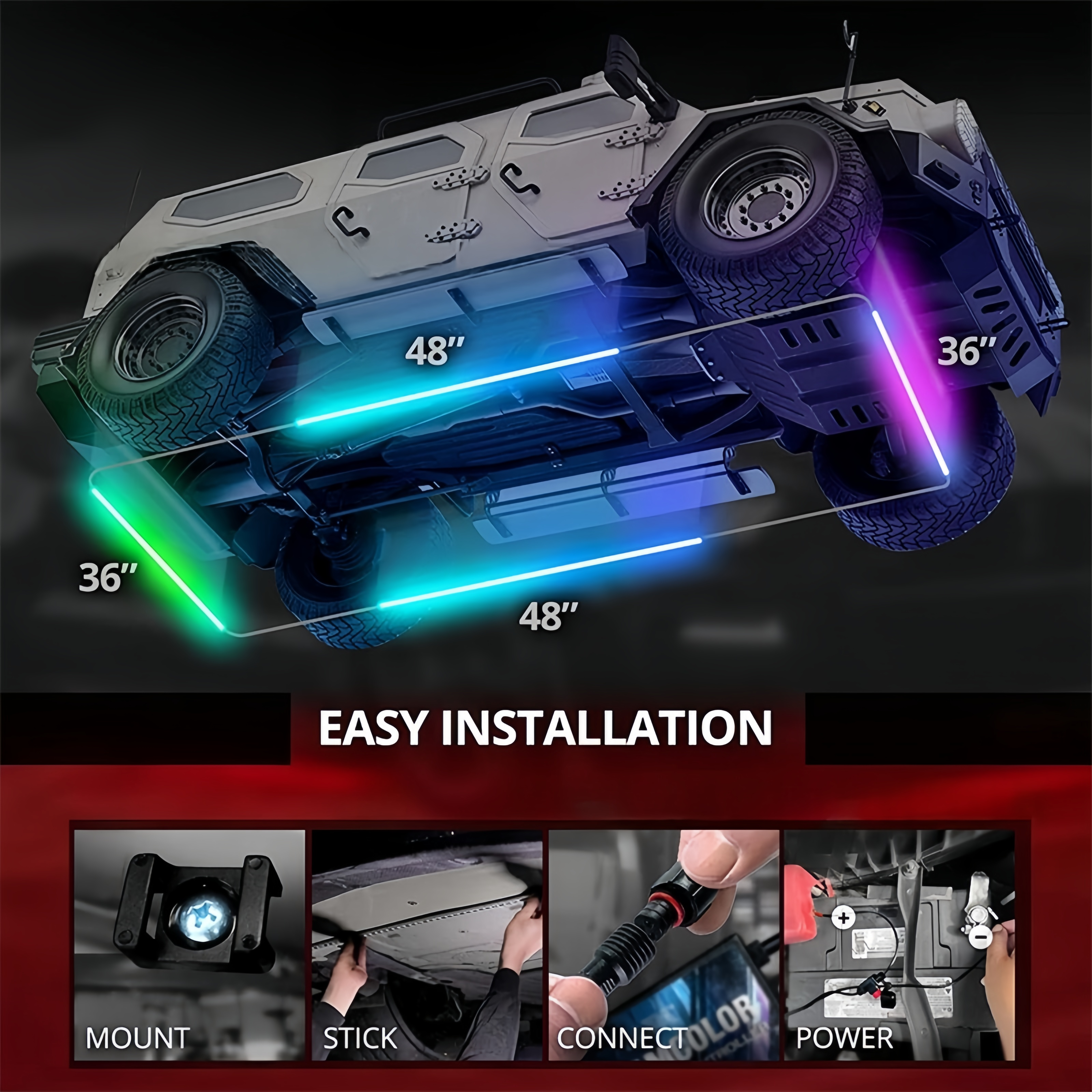 Cross-border hot-selling car RGB fantasy chassis lights one to six colorful streamer car bottom atmosphere lights modified waterproof