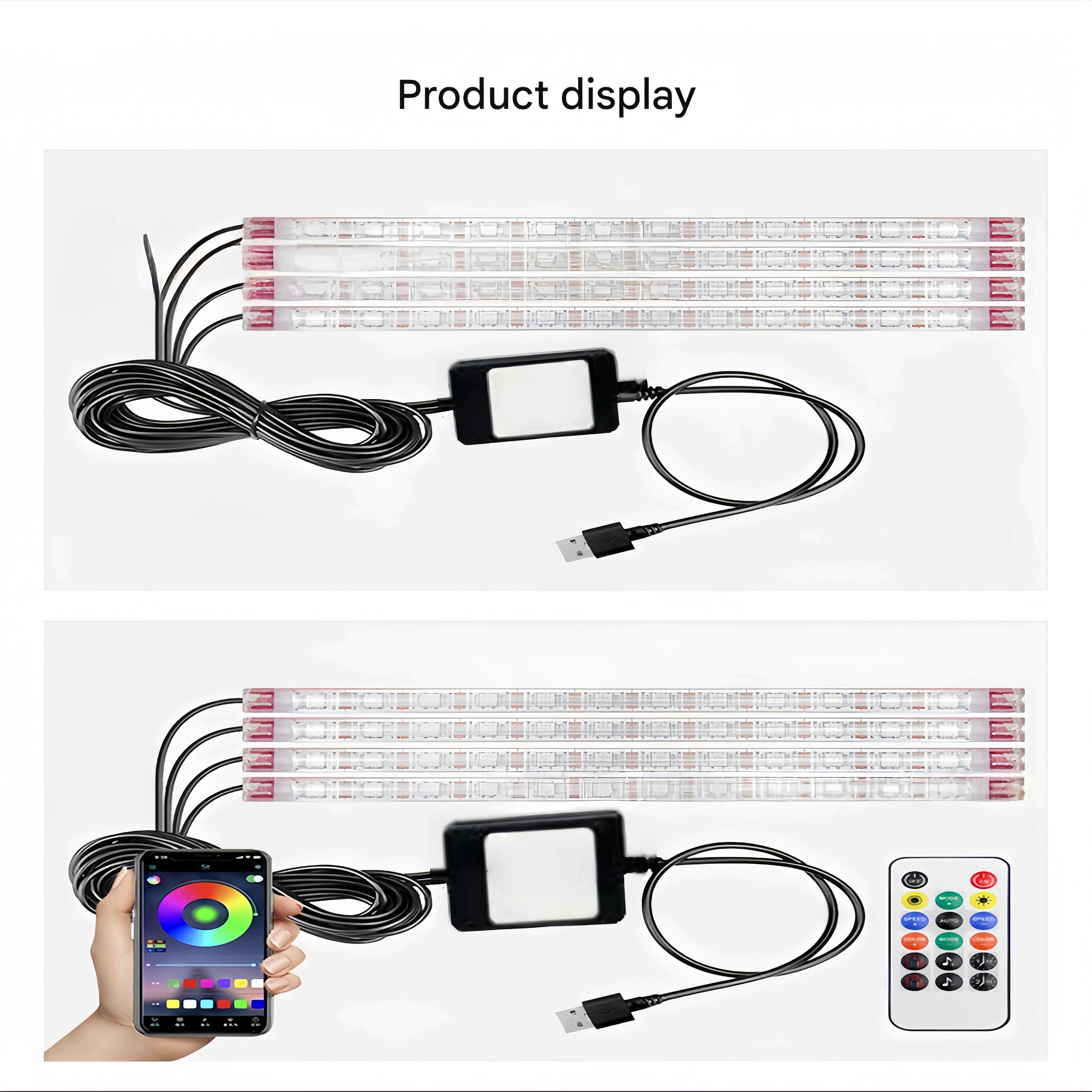 Cross-border exclusive APP car fantasy color foot well atmosphere light USB one to four foot bottom lights voice-controlled rhythm atmosphere light