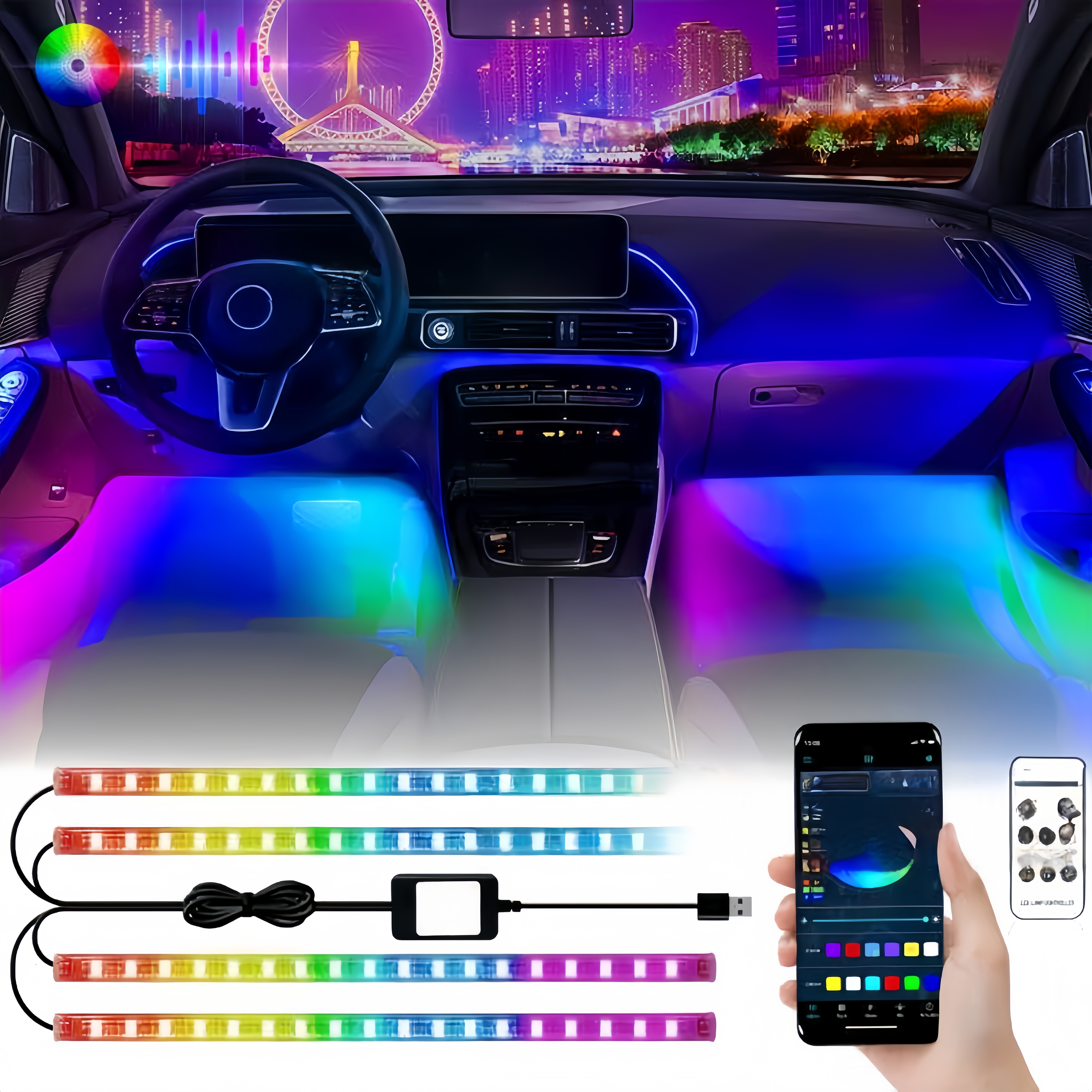 Cross-border exclusive APP car fantasy color foot well atmosphere light USB one to four foot bottom lights voice-controlled rhythm atmosphere light Cross-border exclusive APP car fantasy color foot well atmosphere light USB one to four foot bottom lights voice-controlled rhythm atmosphere light