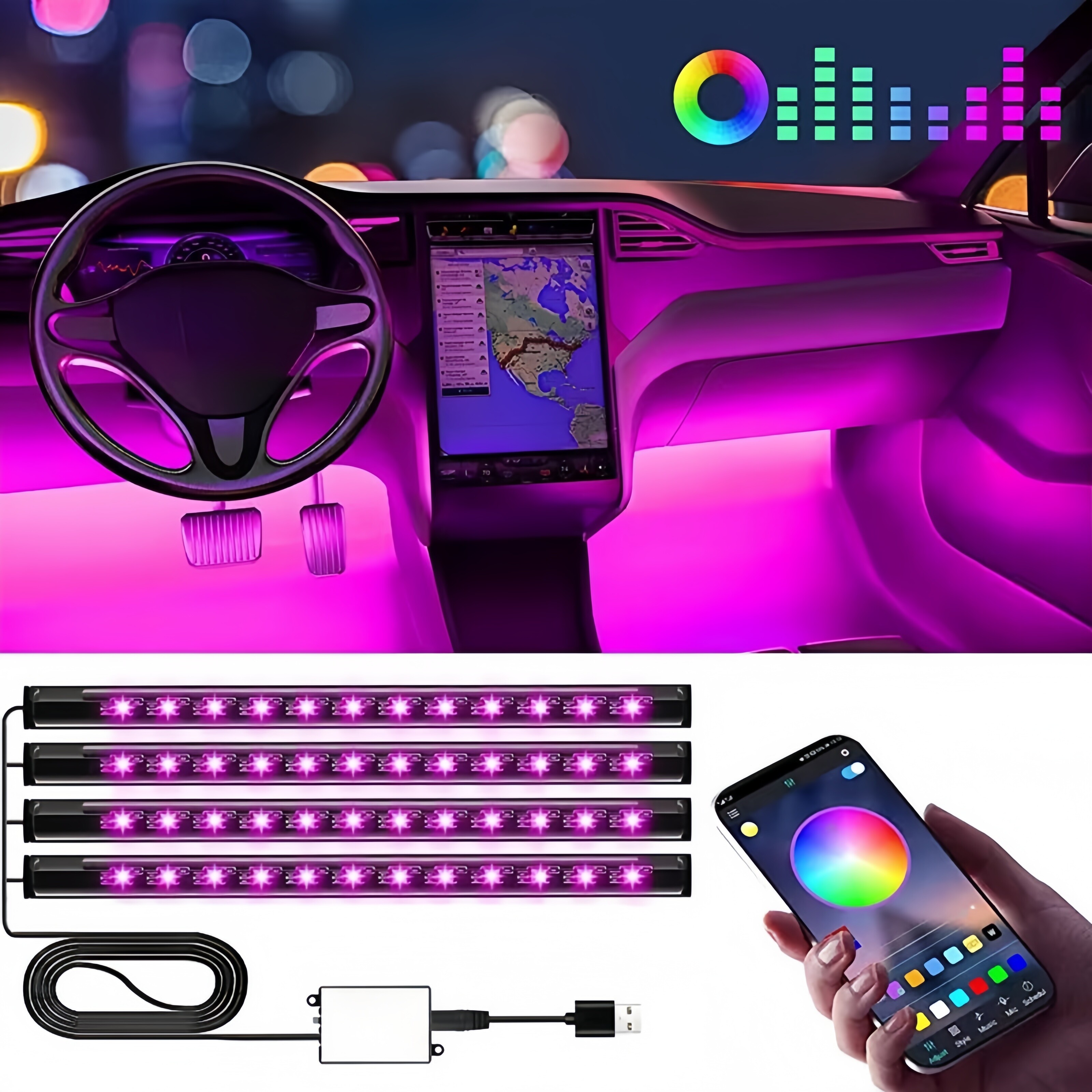 Source factory car foot light atmosphere light app remote control usb car one-to-four foot nest atmosphere light decorative light