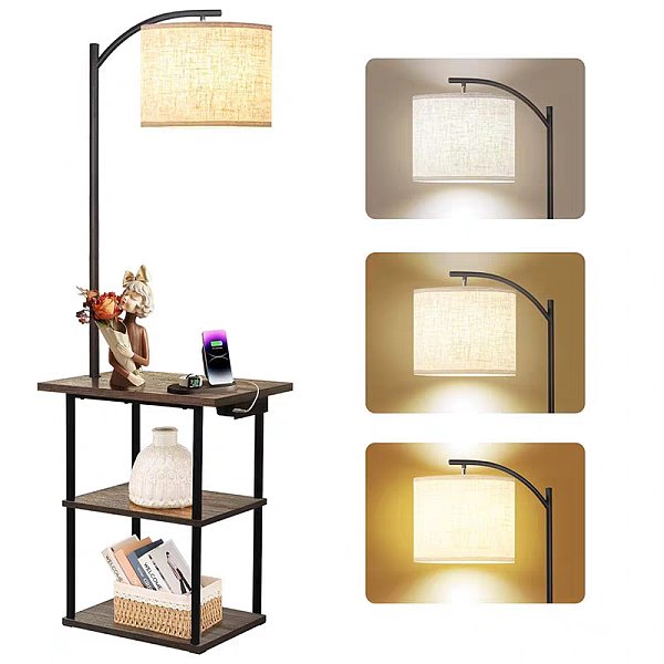 Floor Lamp with Table with Charging Station(USB & Type-C & AC Port), 3 Color Temperatures 9W LED Bulb Modern Shelves Side Table for Bedroom Living Room