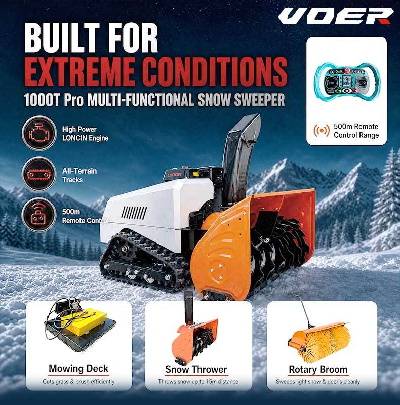 VOER 100 cm 遥控履带式抛雪机，配备 15 HP 发动机，抛雪距离 15 m