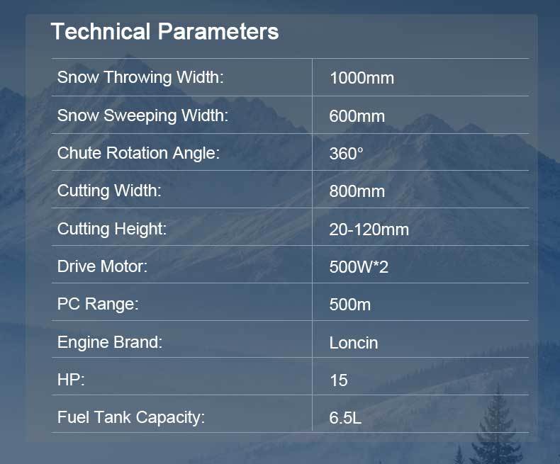 VOER 100 cm 遥控履带式抛雪机，配备 15 HP 发动机，抛雪距离 15 m