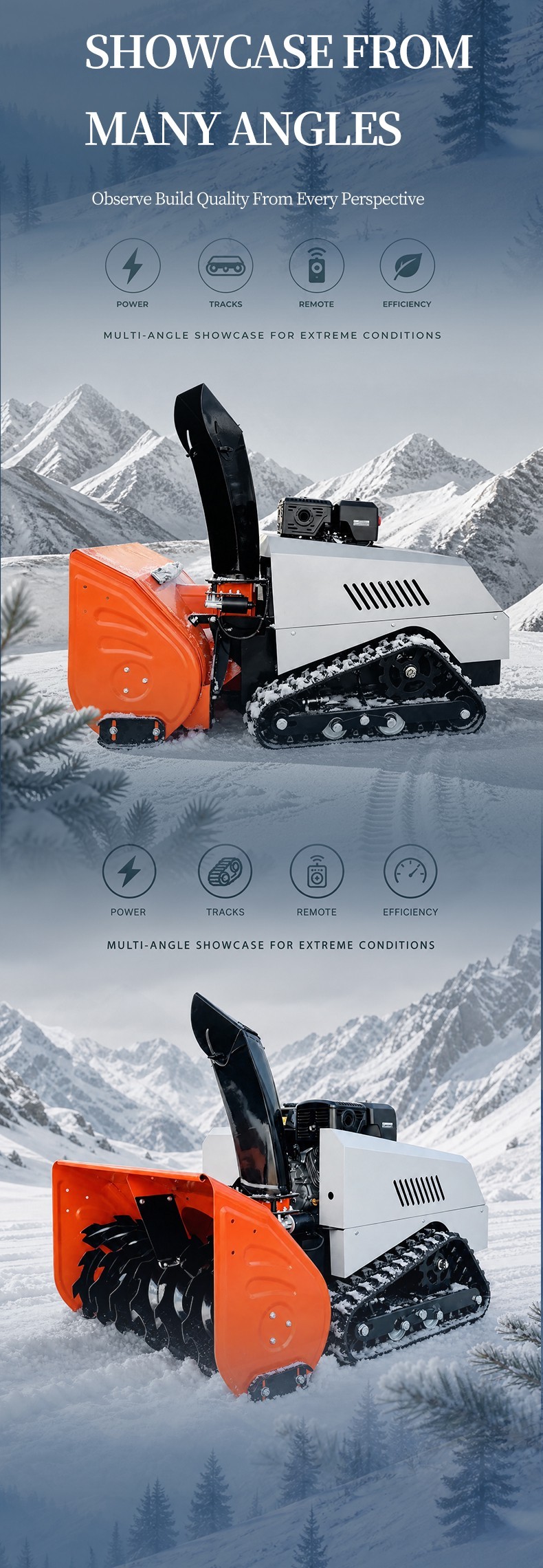 VOER 100 cm 遥控履带式抛雪机，配备 15 HP 发动机，抛雪距离 15 m