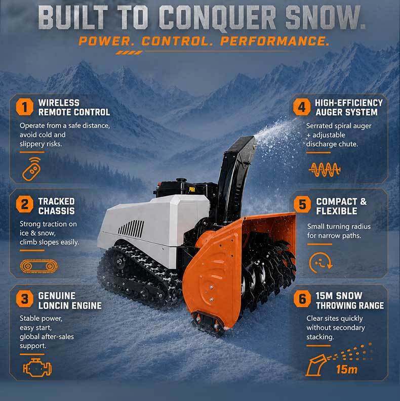 VOER 100 cm 遥控履带式抛雪机，配备 15 HP 发动机，抛雪距离 15 m