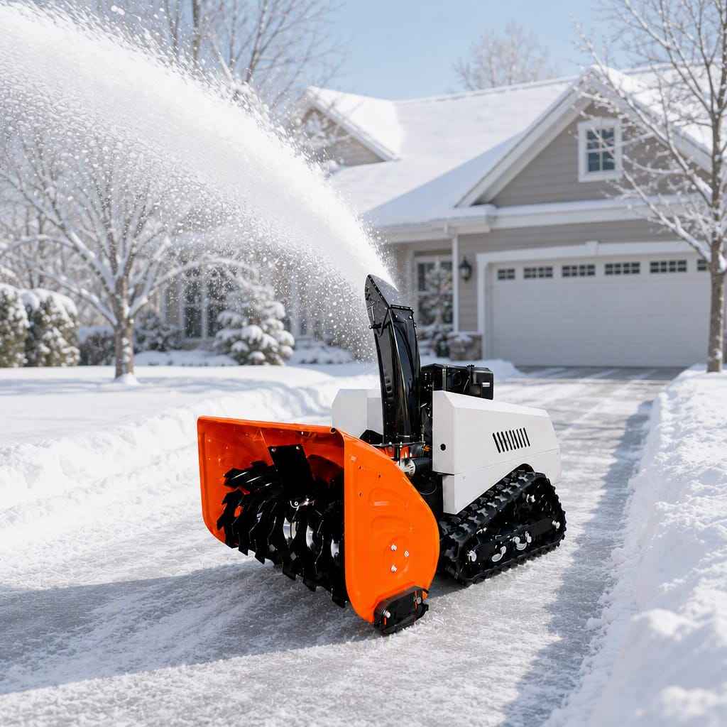 VOER 遥控抛雪机和割草机，共用一个履带式底盘