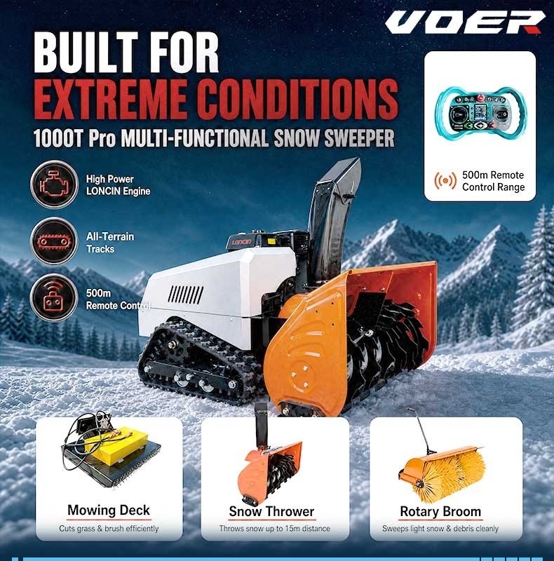 VOER 遥控抛雪机和割草机，共用一个履带式底盘
