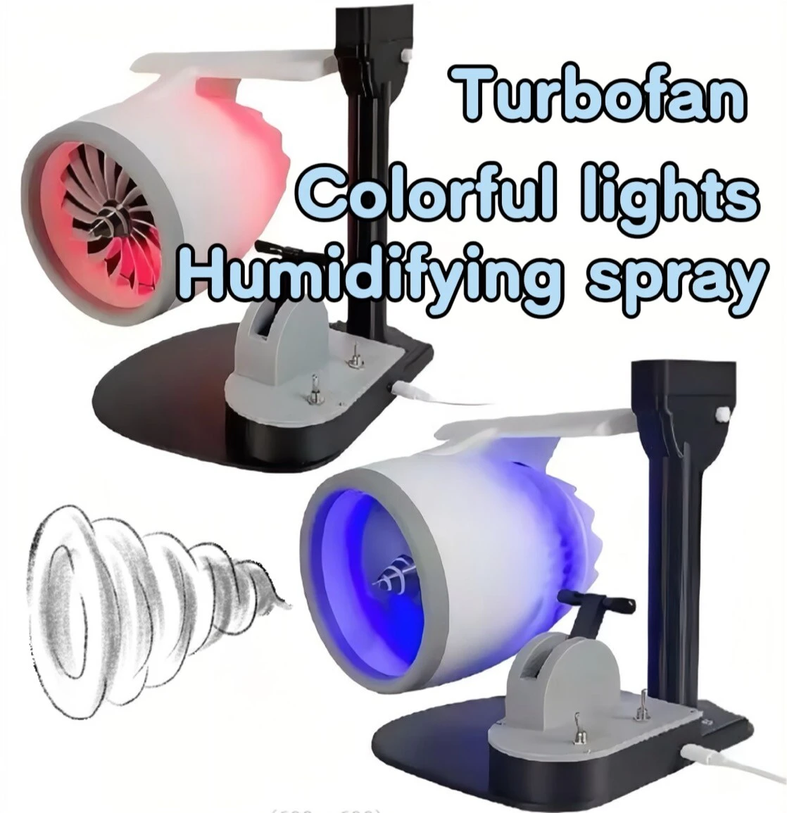 Turbofan aircraft fan humidifying spray colored light desktop fan