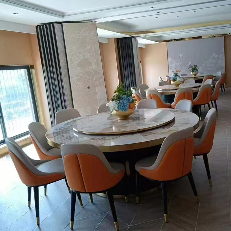 Modern minimalist round dining table for restaurants and banquet halls, featuring a rotatable tabletop with a selection of high-quality turntables.