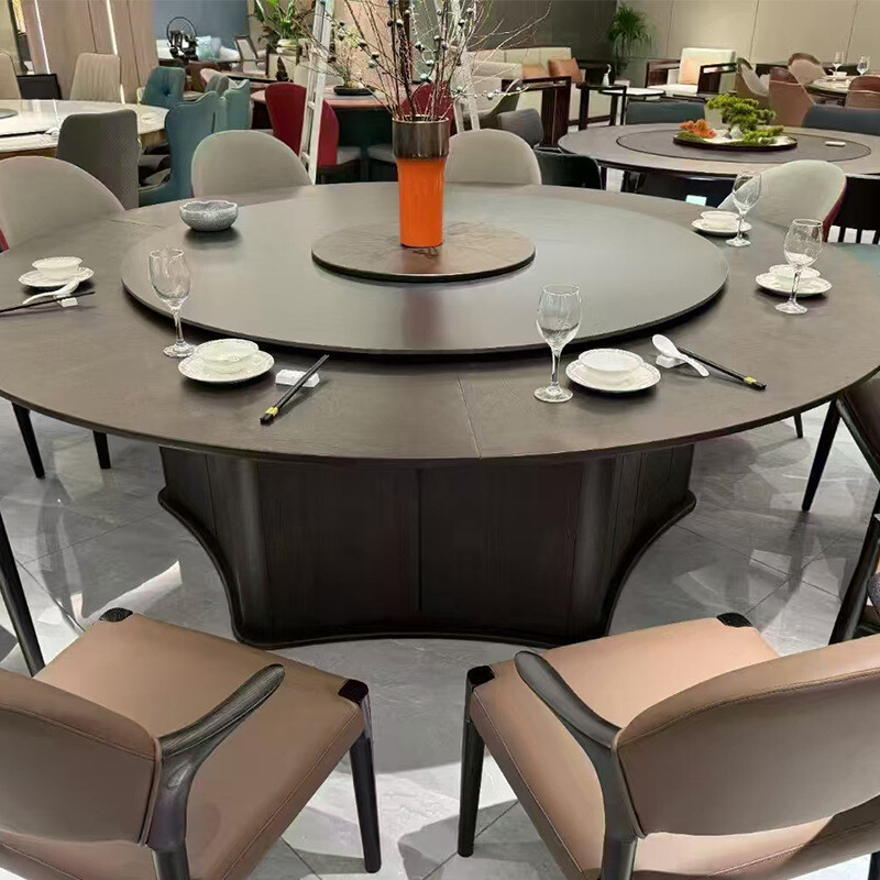 Modern minimalist round wooden dining table with rock slab, suitable for 15 to 20 people, ideal for restaurants and banquet events, sourced directly from the factory.