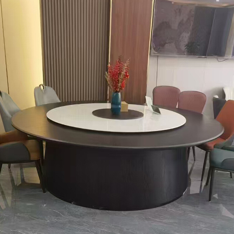 Modern minimalist round wooden dining table with rock slab, suitable for 15 to 20 people, ideal for restaurants and banquet events, sourced directly from the factory.