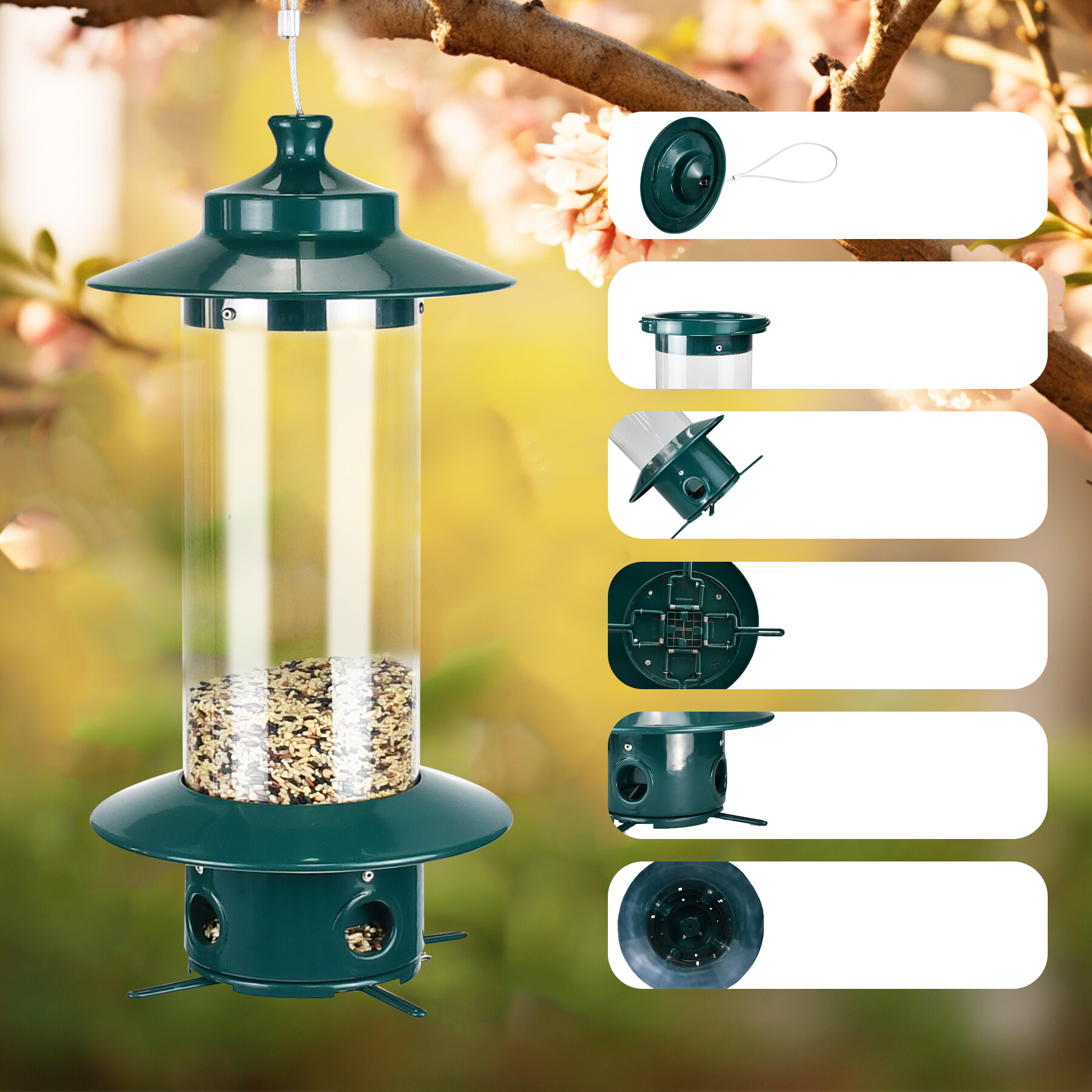 distributeur d'oiseaux vert foncé en tube pc