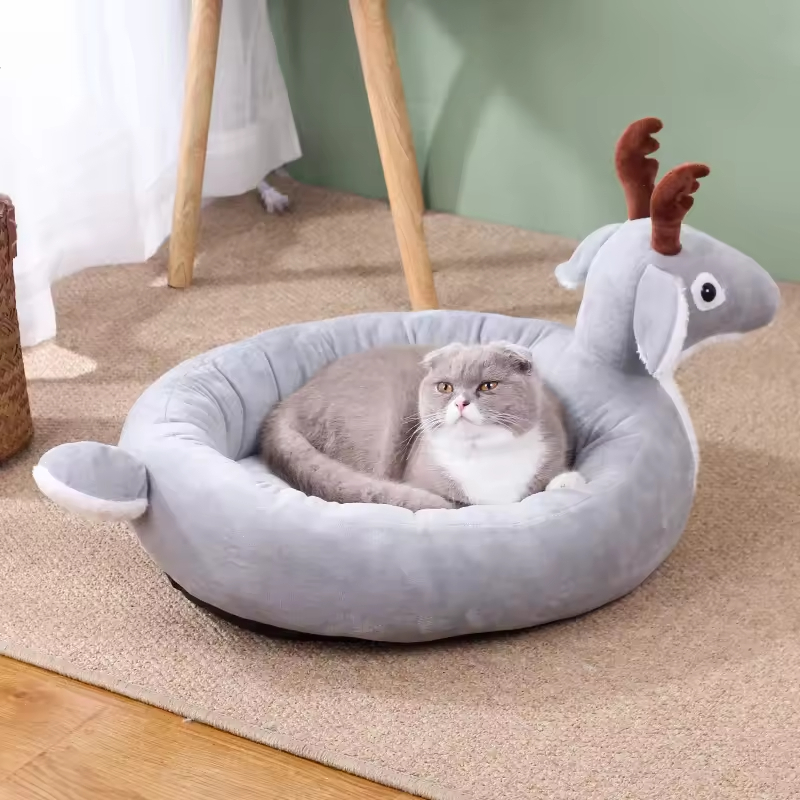 Soft Short Plush Cute Deer Design Small Dog Cat Beds for Indoor Cats