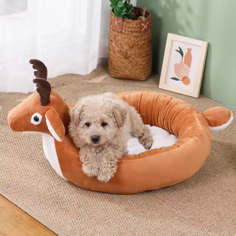 Soft Short Plush Cute Deer Design Small Dog Cat Beds for Indoor Cats