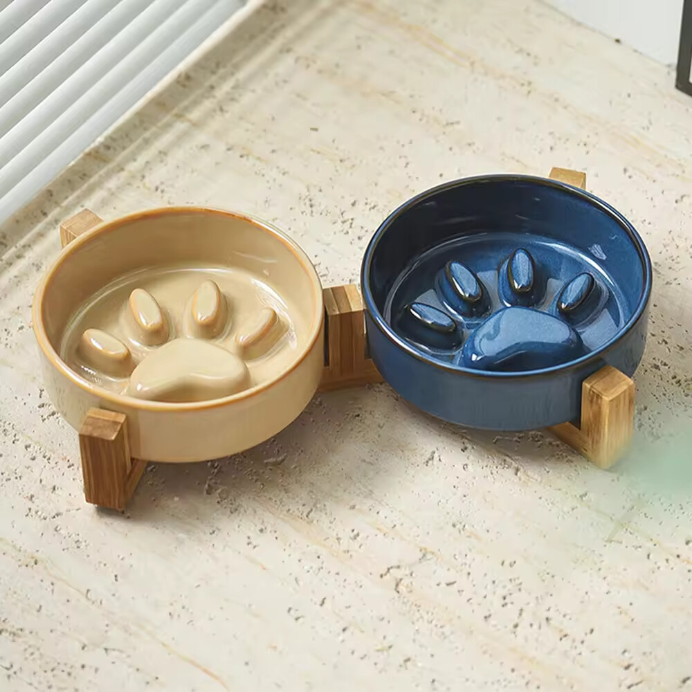Elevated Slow Feeder Cat Dog Bowl Ceramic