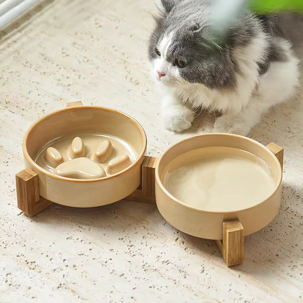Elevated Slow Feeder Cat Dog Bowl Ceramic